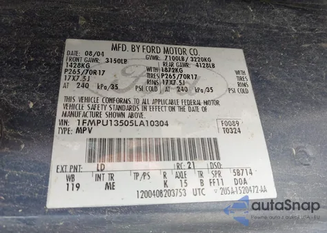 2005 Ford Expedition Xls z USA, uszkodzony, nr VIN 1FMPU13505LA10304